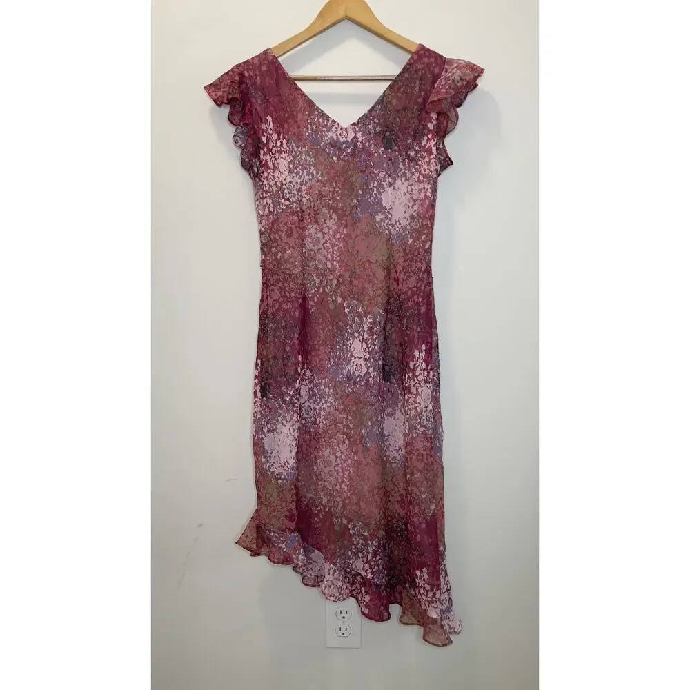 Breakin' Loose Y2K 90s Floral Ruffle V-Neck Asymetrical Midi Dress Pink Sz 9/10 - Picture 8 of 15